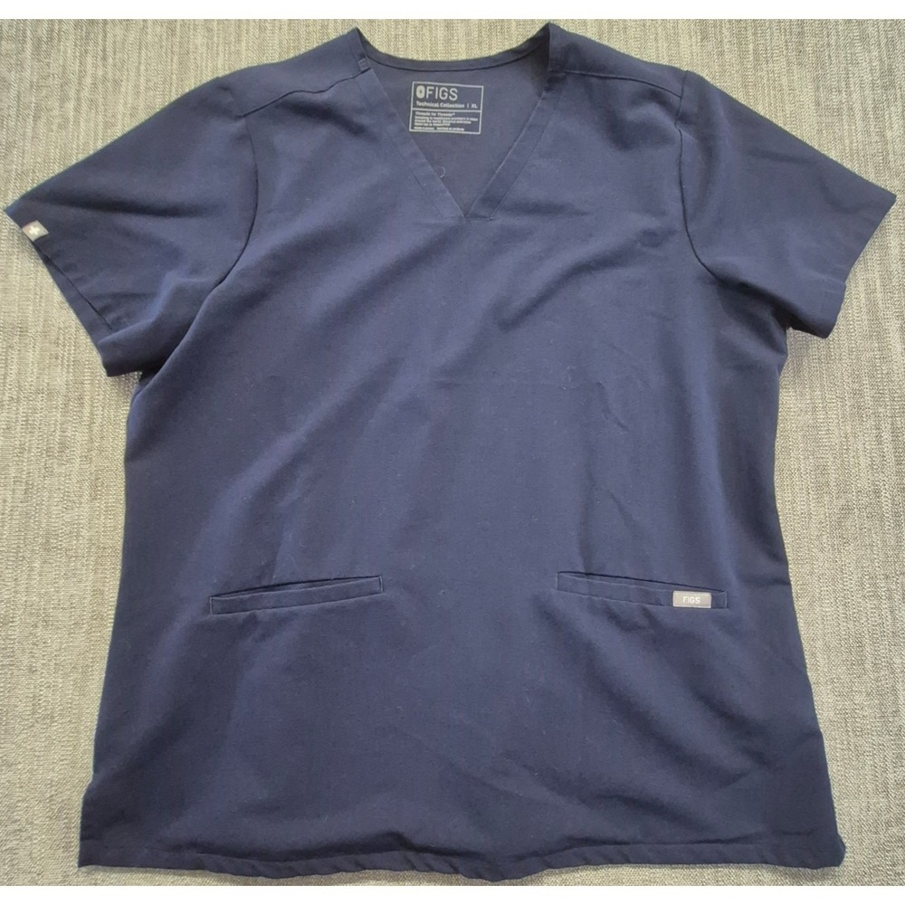 Figs Technical Collections navy blue scrub top XL 2 front pockets stretch V-Neck
